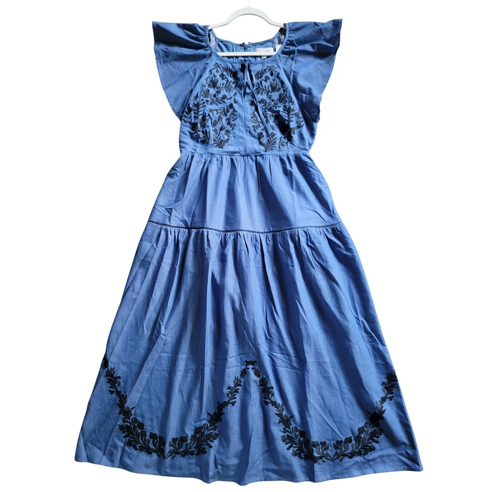 NWT Lost + Wander Riviera Midi Dress Blue Embroidered A-line Tiered Pocket Small - Picture 5 of 16